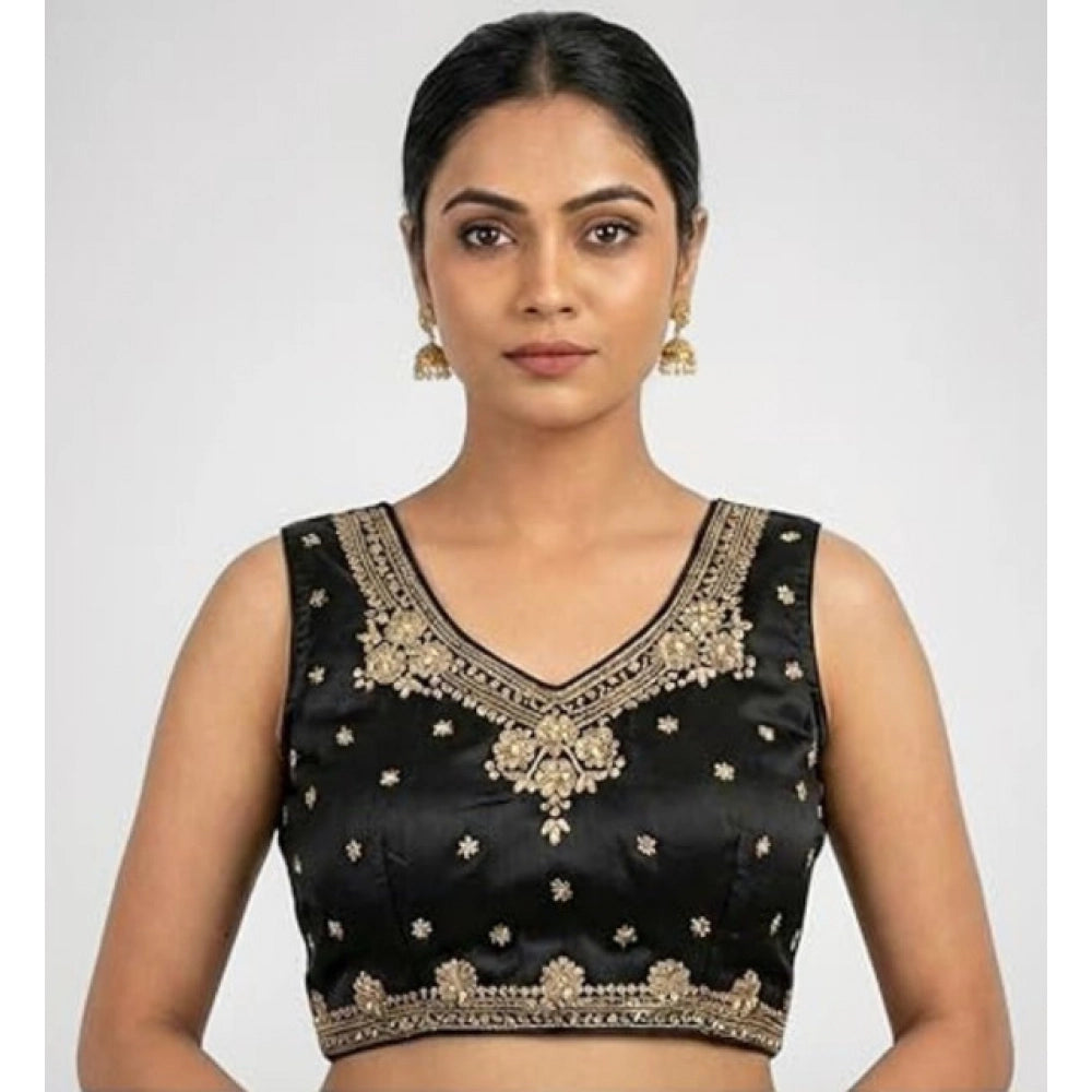 Women's Silk Embroidered V-Neck Sleeveless Readymade Padded Blouse (Black, Size 38)