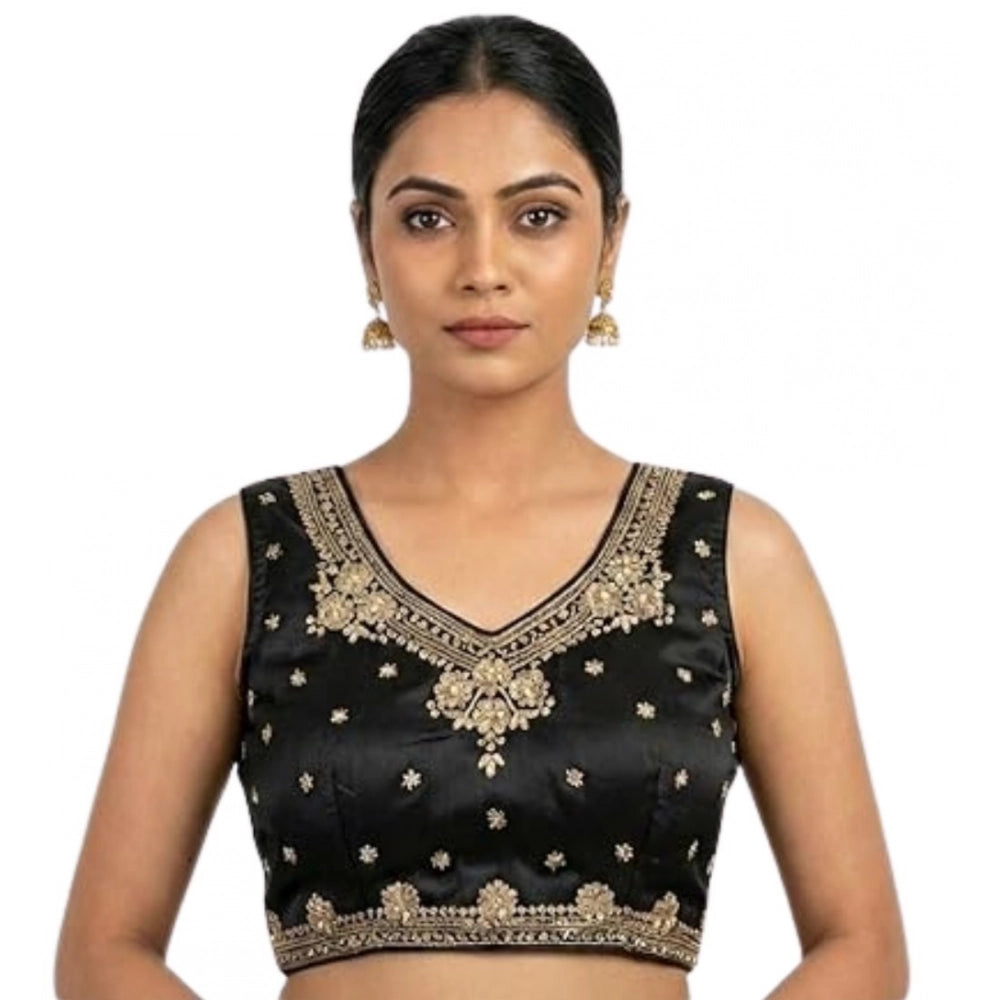 Women's Silk Embroidered V-Neck Sleeveless Readymade Padded Blouse (Black, Size 38)