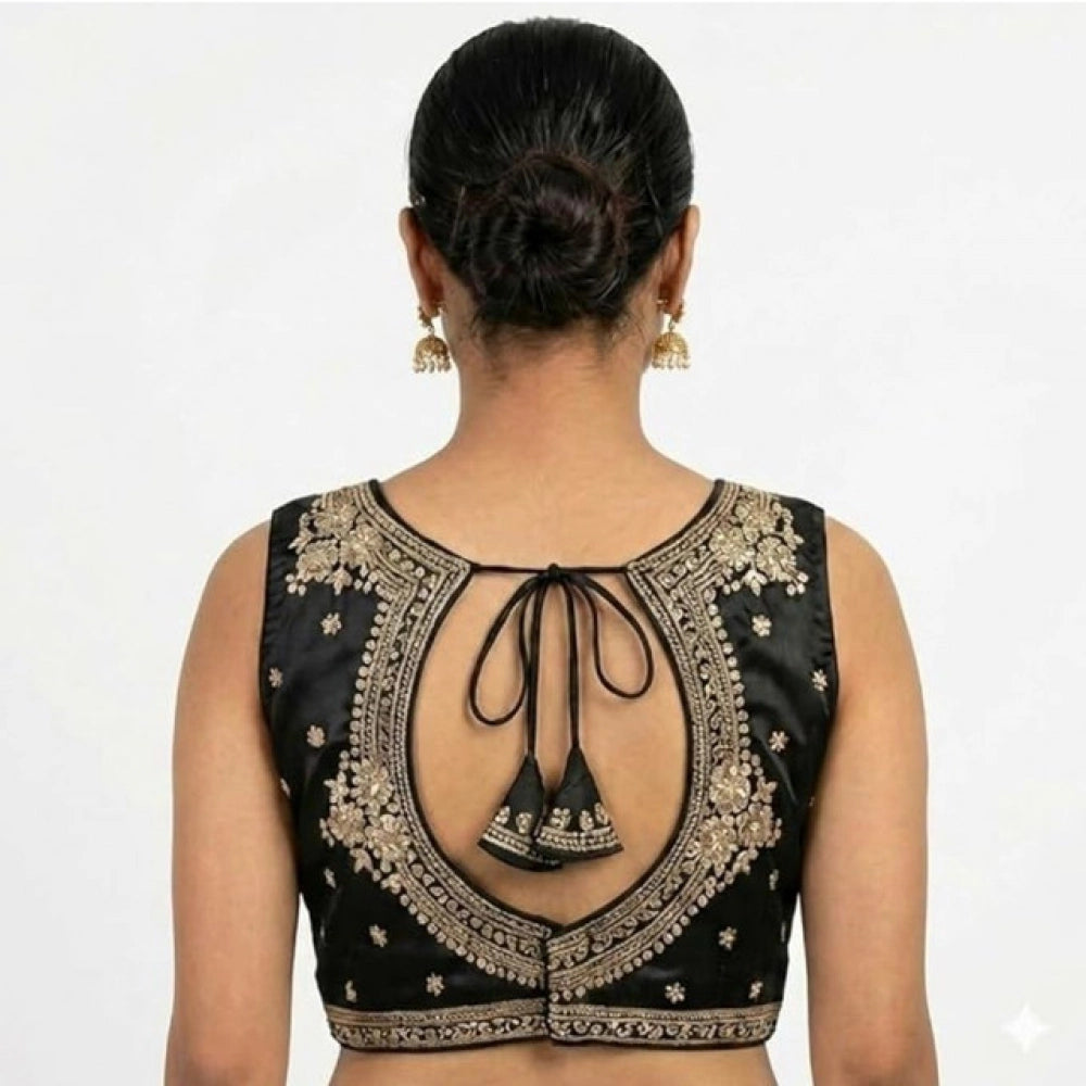 Women's Silk Embroidered V-Neck Sleeveless Readymade Padded Blouse (Black, Size 38)