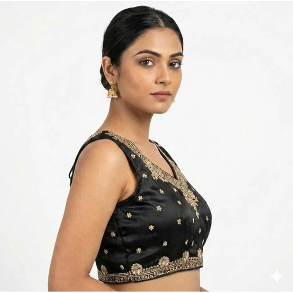 Women's Silk Embroidered V-Neck Sleeveless Readymade Padded Blouse (Black, Size 38)