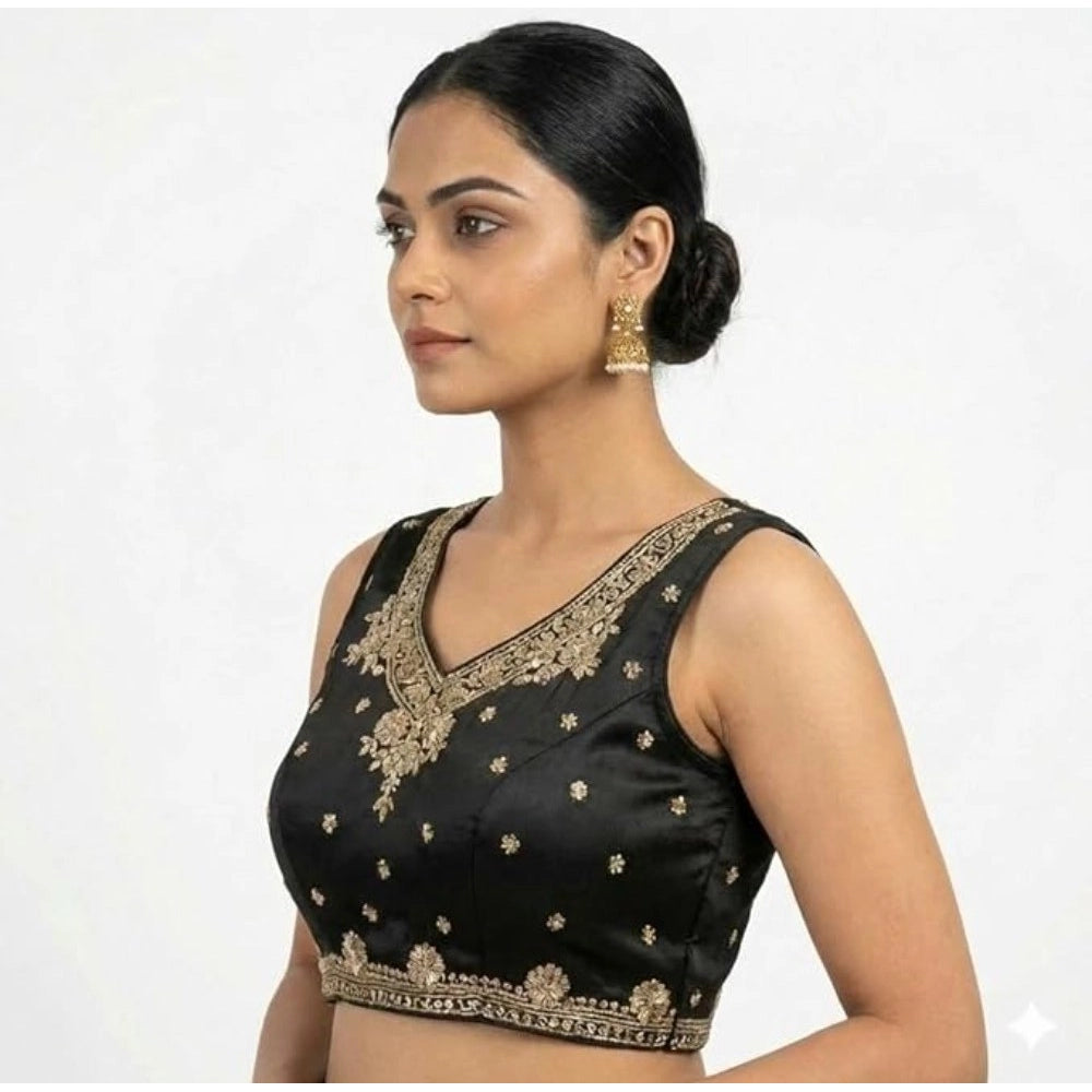Women's Silk Embroidered V-Neck Sleeveless Readymade Padded Blouse (Black, Size 38)