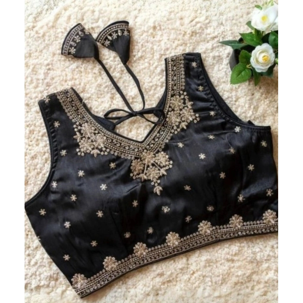 Women's Silk Embroidered V-Neck Sleeveless Readymade Padded Blouse (Black, Size 38)