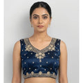 Women's Silk Embroidered V-Neck Sleeveless Readymade Padded Blouse (Blue, Size 38)