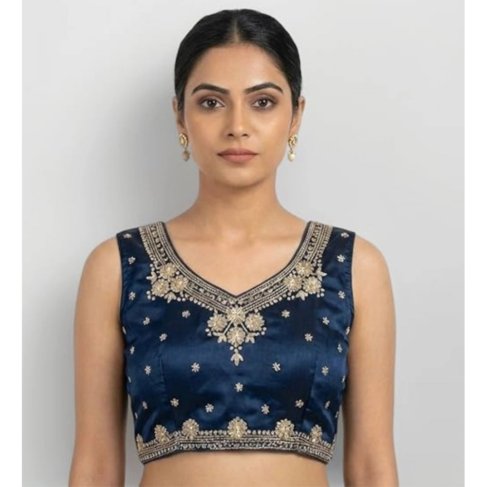 Women's Silk Embroidered V-Neck Sleeveless Readymade Padded Blouse (Blue, Size 38)