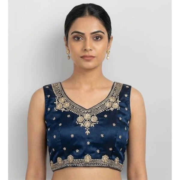 Women's Silk Embroidered V-Neck Sleeveless Readymade Padded Blouse (Blue, Size 38)