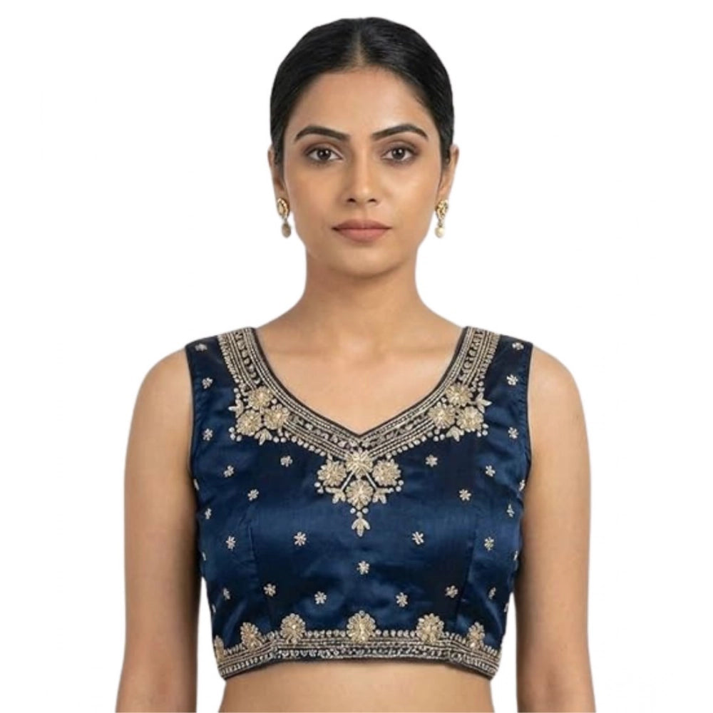 Women's Silk Embroidered V-Neck Sleeveless Readymade Padded Blouse (Blue, Size 38)