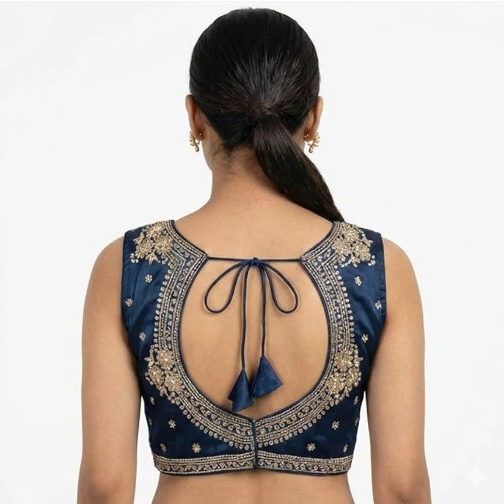 Women's Silk Embroidered V-Neck Sleeveless Readymade Padded Blouse (Blue, Size 38)