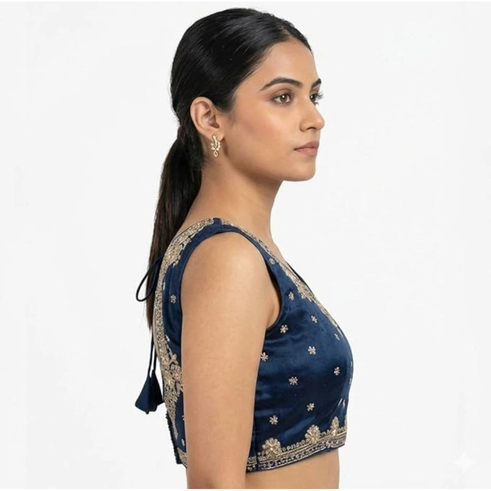 Women's Silk Embroidered V-Neck Sleeveless Readymade Padded Blouse (Blue, Size 38)