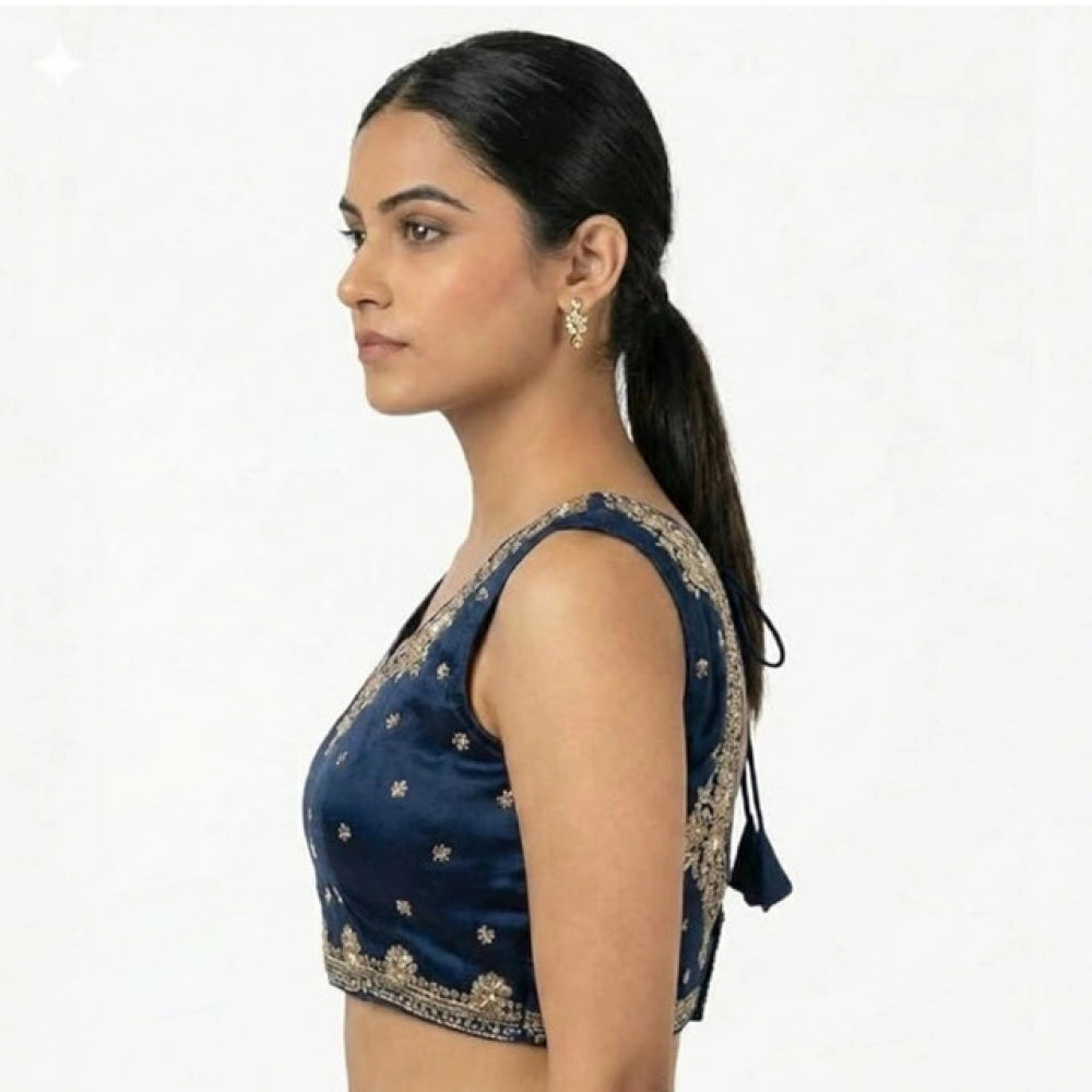 Women's Silk Embroidered V-Neck Sleeveless Readymade Padded Blouse (Blue, Size 38)