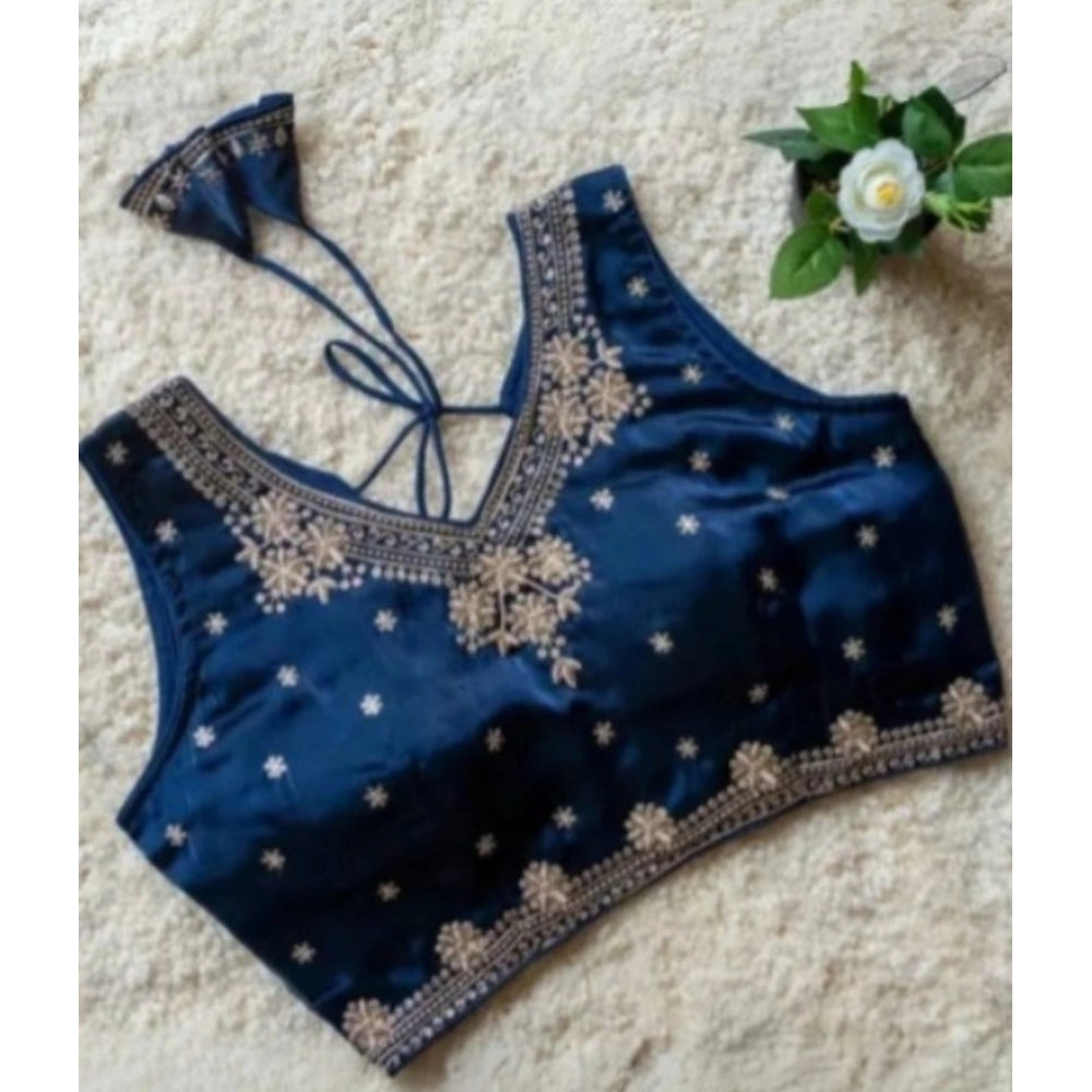 Women's Silk Embroidered V-Neck Sleeveless Readymade Padded Blouse (Blue, Size 38)