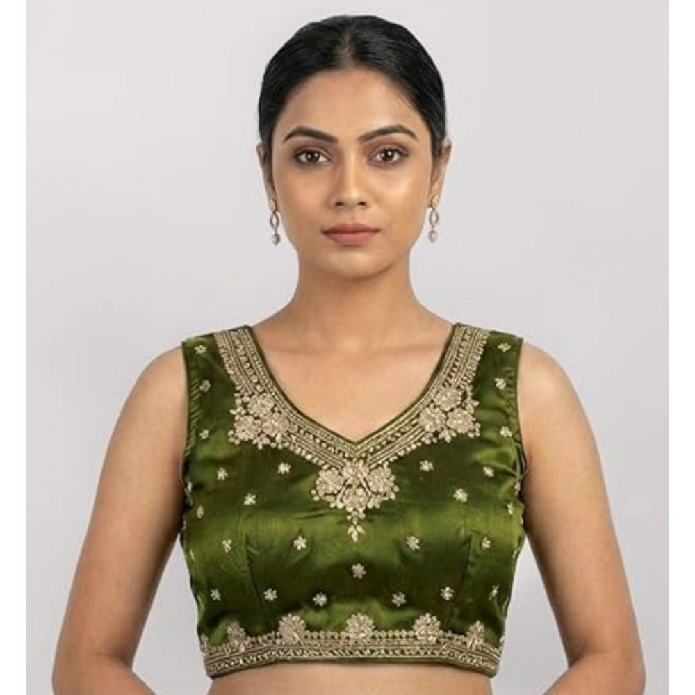 Women's Silk Embroidered V-Neck Sleeveless Readymade Padded Blouse (Mahendi, Size 38)