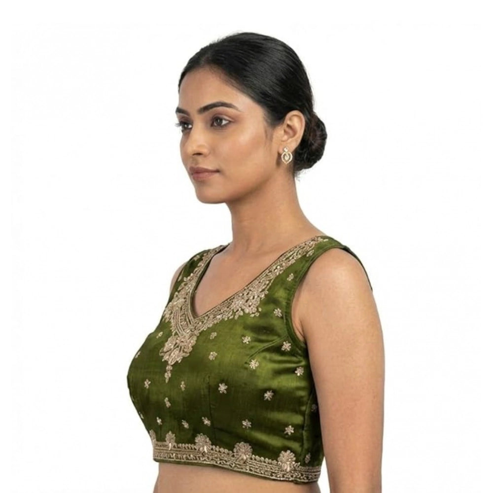 Women's Silk Embroidered V-Neck Sleeveless Readymade Padded Blouse (Mahendi, Size 38)