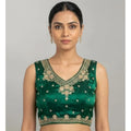 Women's Silk Embroidered V-Neck Sleeveless Readymade Padded Blouse (Green, Size 38)