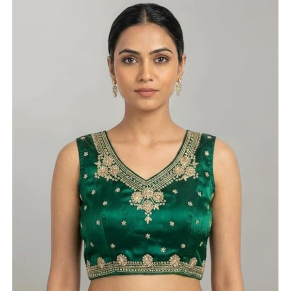 Women's Silk Embroidered V-Neck Sleeveless Readymade Padded Blouse (Green, Size 38)
