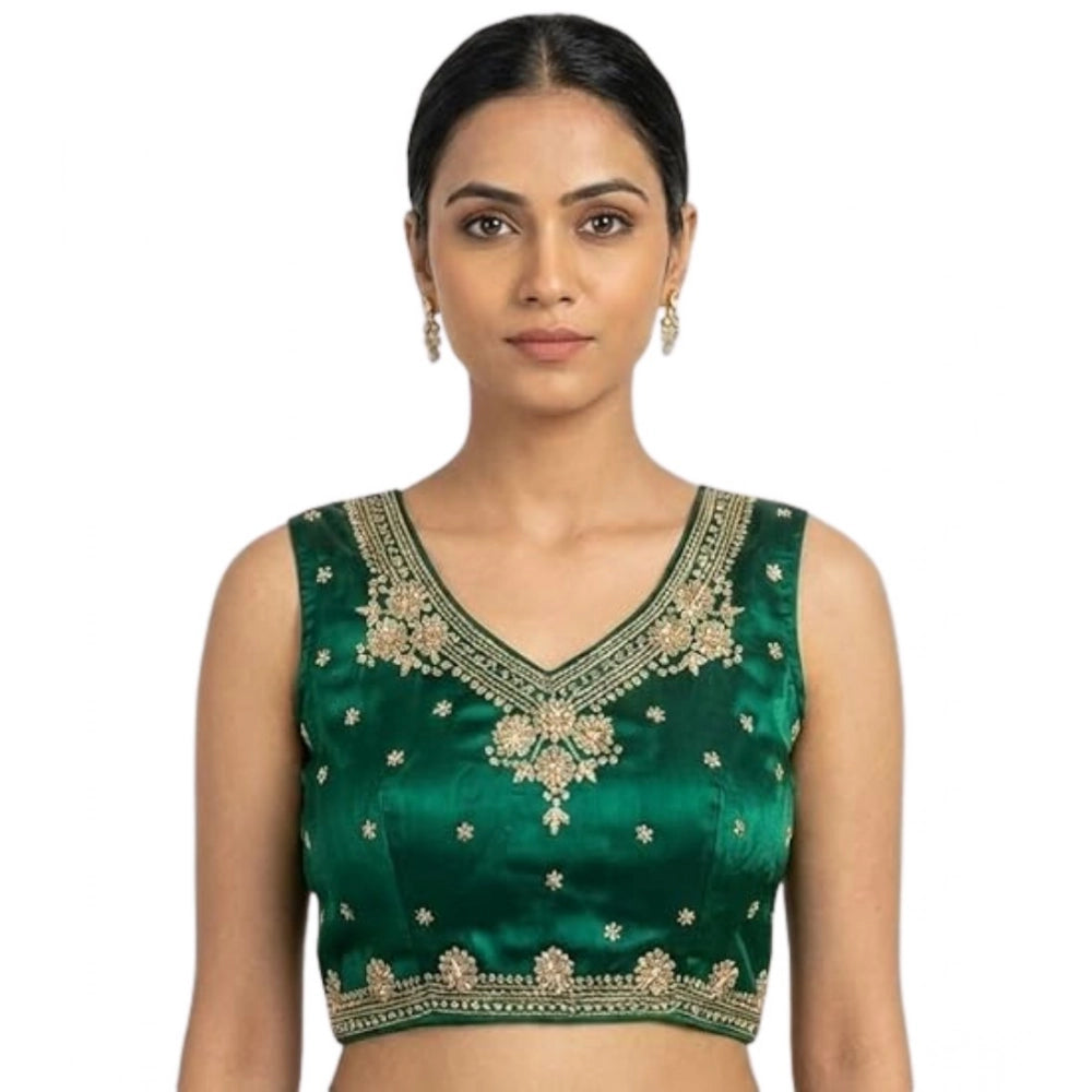 Women's Silk Embroidered V-Neck Sleeveless Readymade Padded Blouse (Green, Size 38)