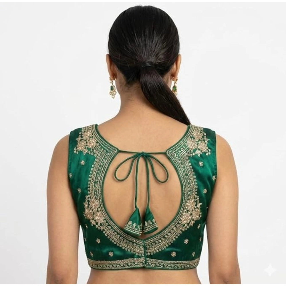 Women's Silk Embroidered V-Neck Sleeveless Readymade Padded Blouse (Green, Size 38)