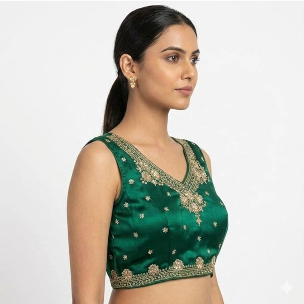 Women's Silk Embroidered V-Neck Sleeveless Readymade Padded Blouse (Green, Size 38)