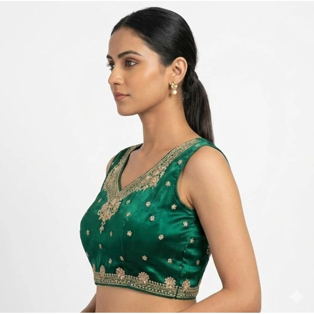 Women's Silk Embroidered V-Neck Sleeveless Readymade Padded Blouse (Green, Size 38)