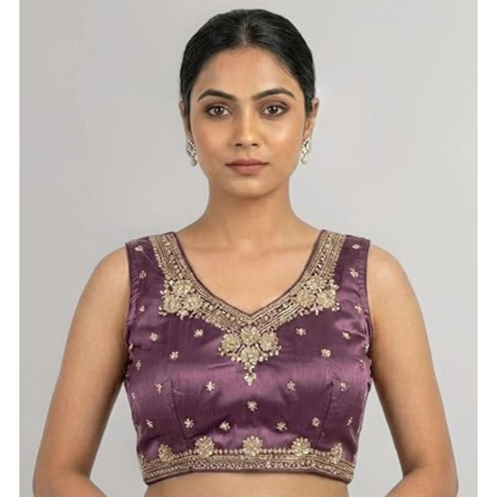 Women's Silk Embroidered V-Neck Sleeveless Readymade Padded Blouse (Purple, Size 38)
