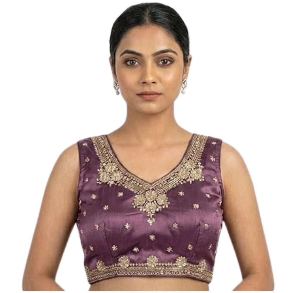Women's Silk Embroidered V-Neck Sleeveless Readymade Padded Blouse (Purple, Size 38)