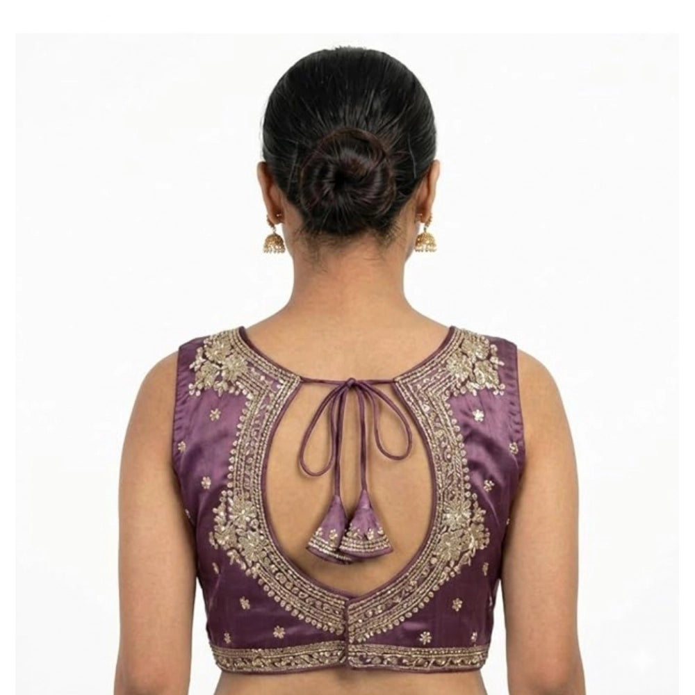 Women's Silk Embroidered V-Neck Sleeveless Readymade Padded Blouse (Purple, Size 38)