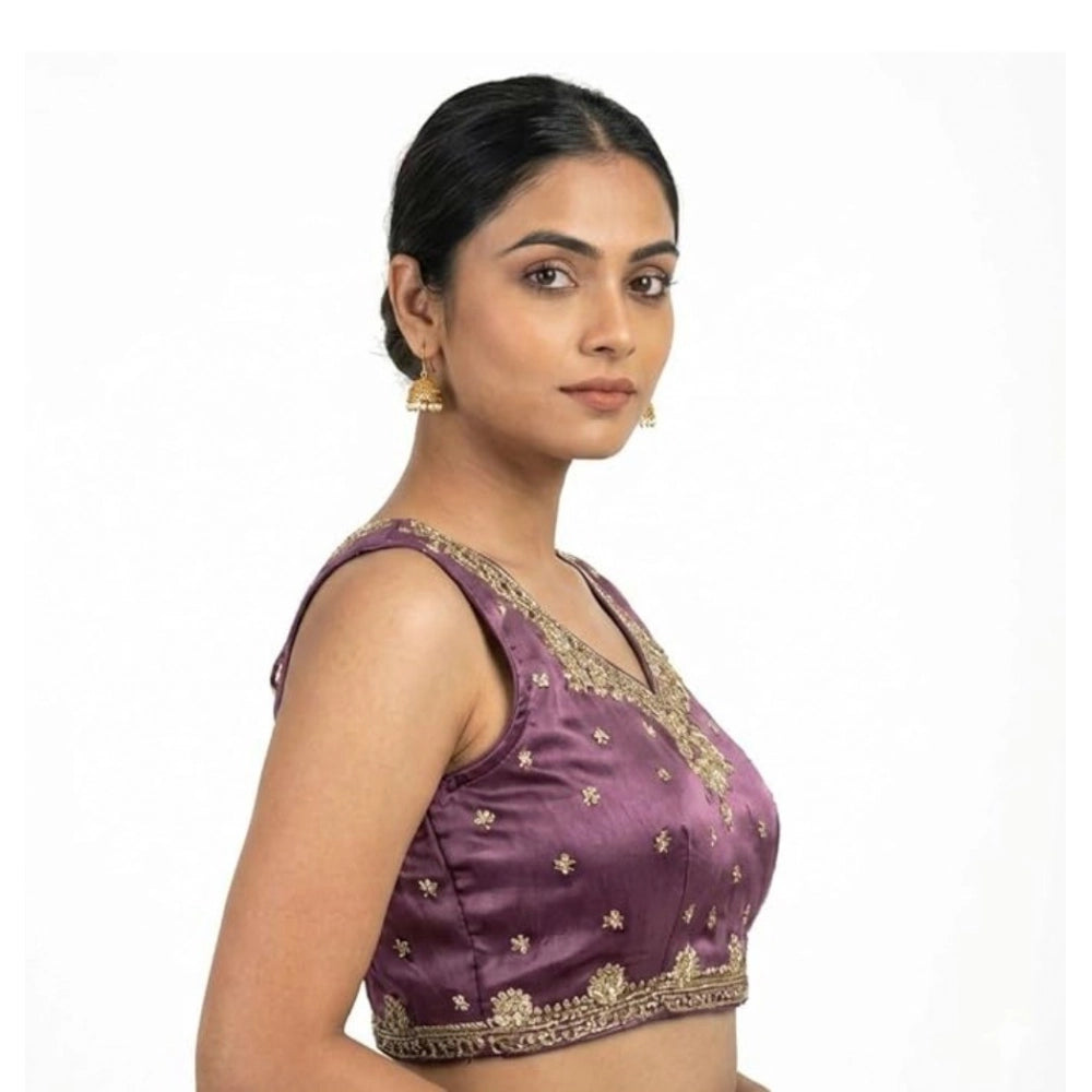 Women's Silk Embroidered V-Neck Sleeveless Readymade Padded Blouse (Purple, Size 38)