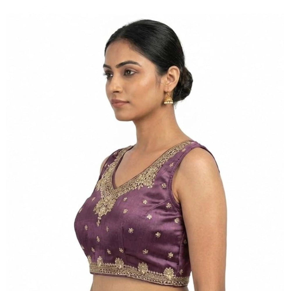 Women's Silk Embroidered V-Neck Sleeveless Readymade Padded Blouse (Purple, Size 38)
