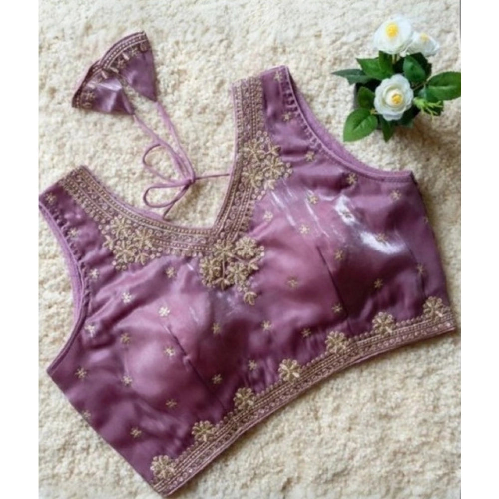 Women's Silk Embroidered V-Neck Sleeveless Readymade Padded Blouse (Purple, Size 38)