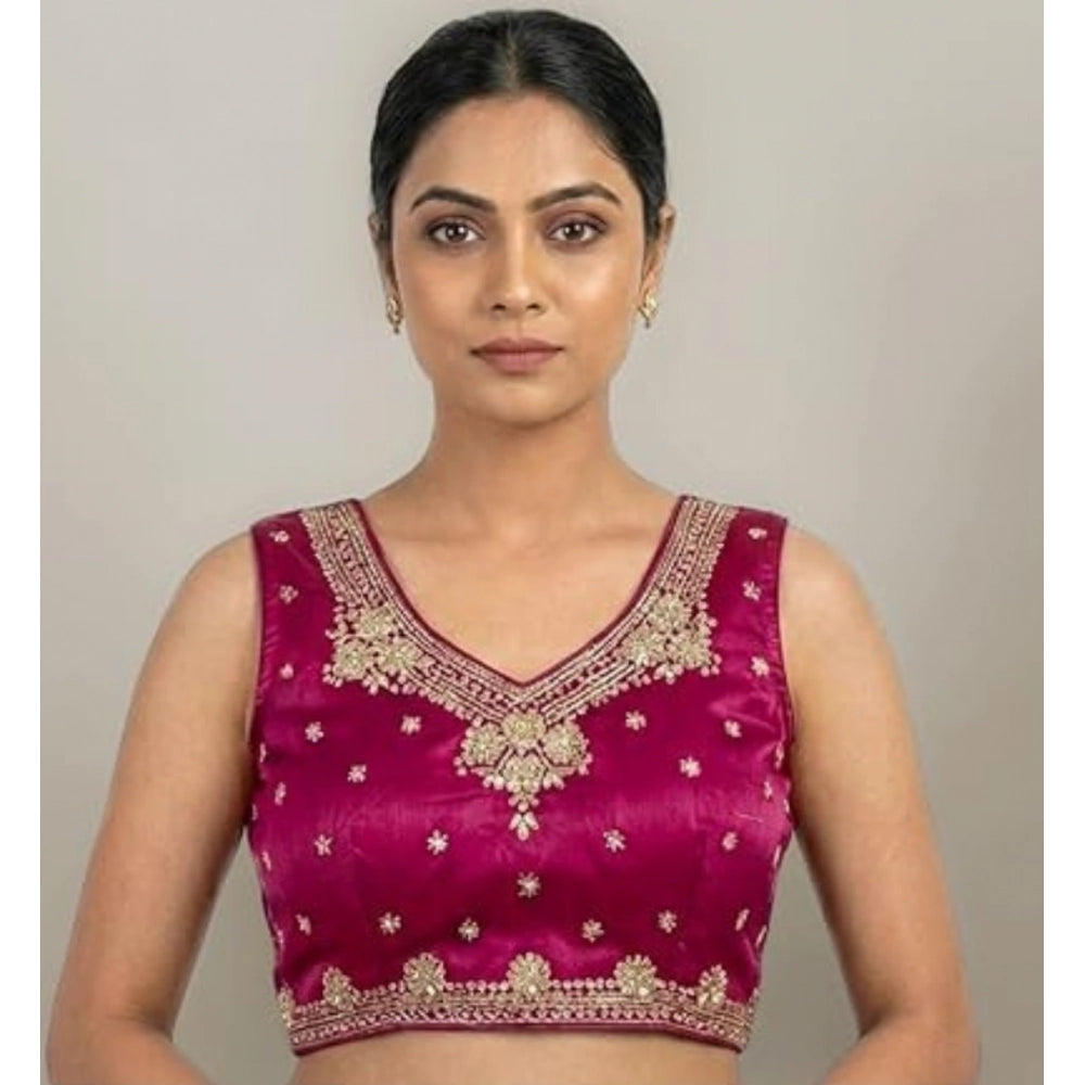 Women's Silk Embroidered V-Neck Sleeveless Readymade Padded Blouse (Pink, Size 38)