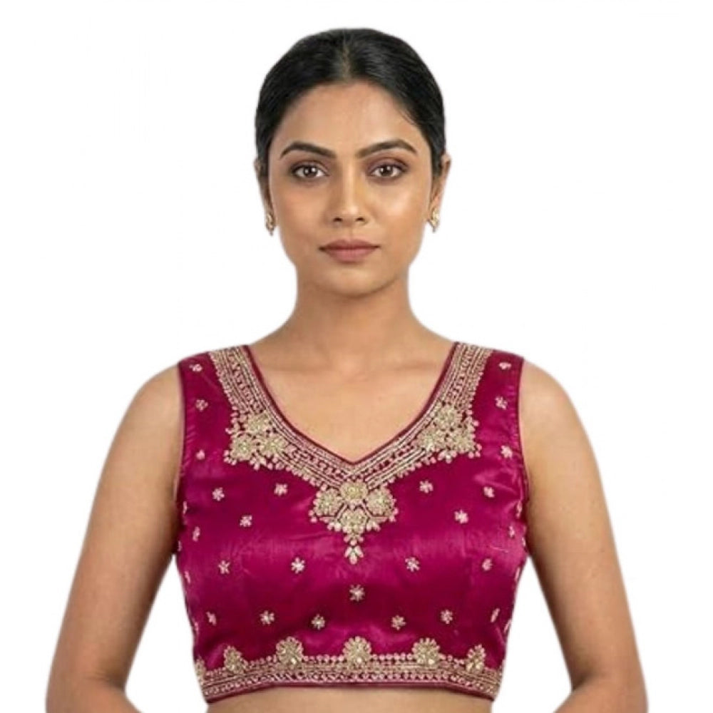 Women's Silk Embroidered V-Neck Sleeveless Readymade Padded Blouse (Pink, Size 38)