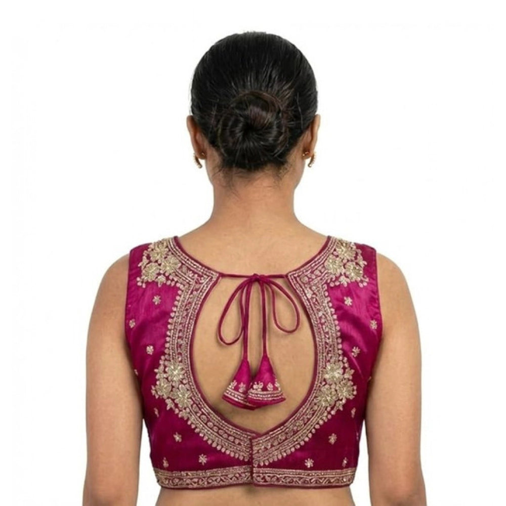 Women's Silk Embroidered V-Neck Sleeveless Readymade Padded Blouse (Pink, Size 38)