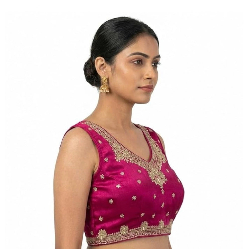 Women's Silk Embroidered V-Neck Sleeveless Readymade Padded Blouse (Pink, Size 38)