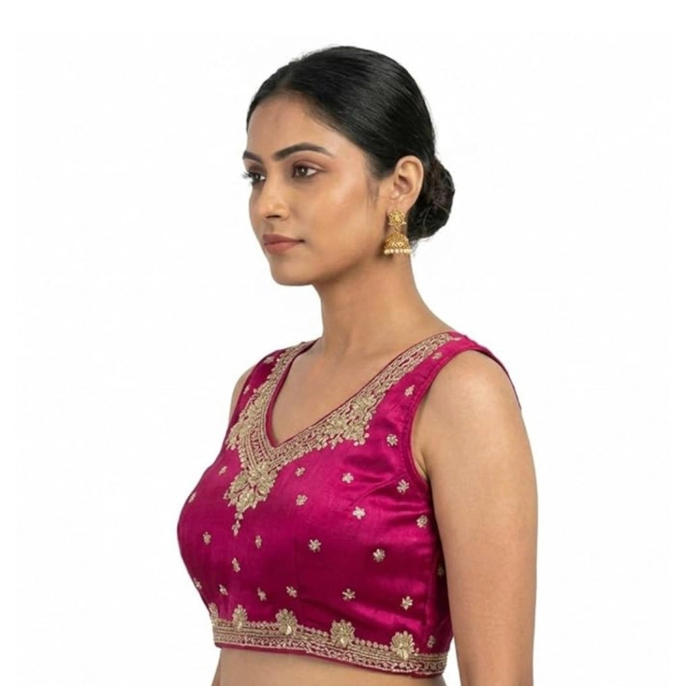 Women's Silk Embroidered V-Neck Sleeveless Readymade Padded Blouse (Pink, Size 38)