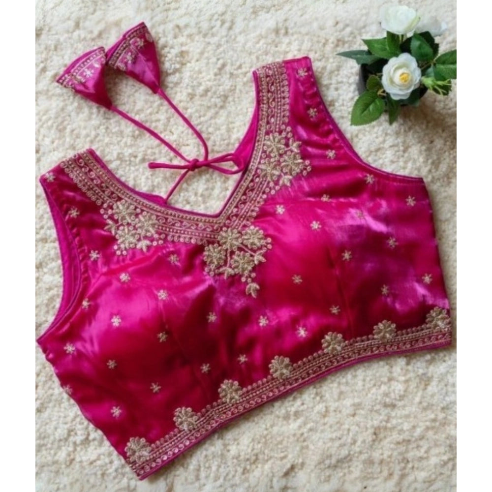 Women's Silk Embroidered V-Neck Sleeveless Readymade Padded Blouse (Pink, Size 38)