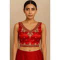 Women's Silk Embroidered V-Neck Sleeveless Readymade Padded Blouse (Red, Size 38)