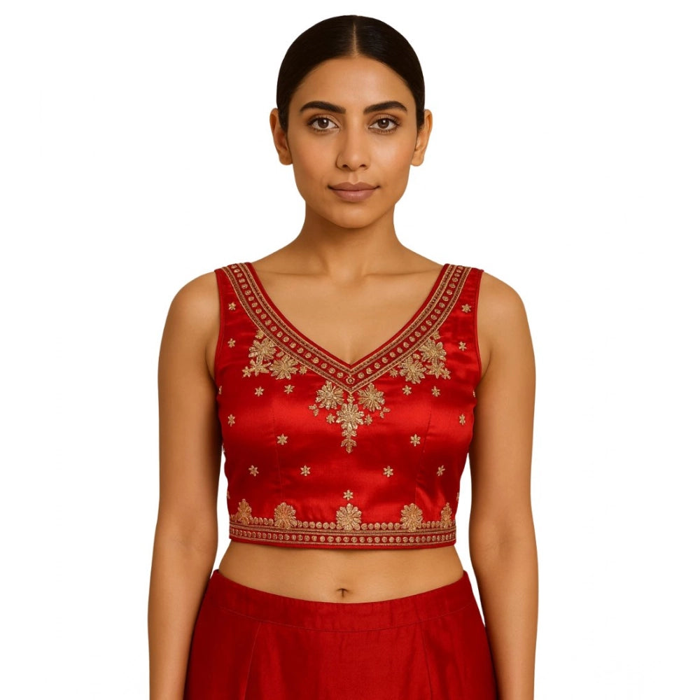 Women's Silk Embroidered V-Neck Sleeveless Readymade Padded Blouse (Red, Size 38)