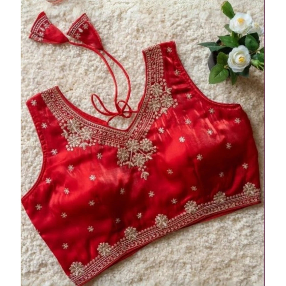 Women's Silk Embroidered V-Neck Sleeveless Readymade Padded Blouse (Red, Size 38)
