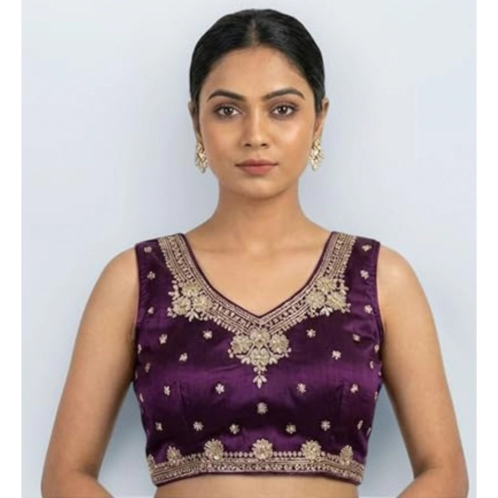 Women's Silk Embroidered V-Neck Sleeveless Readymade Padded Blouse (Wine, Size 38)