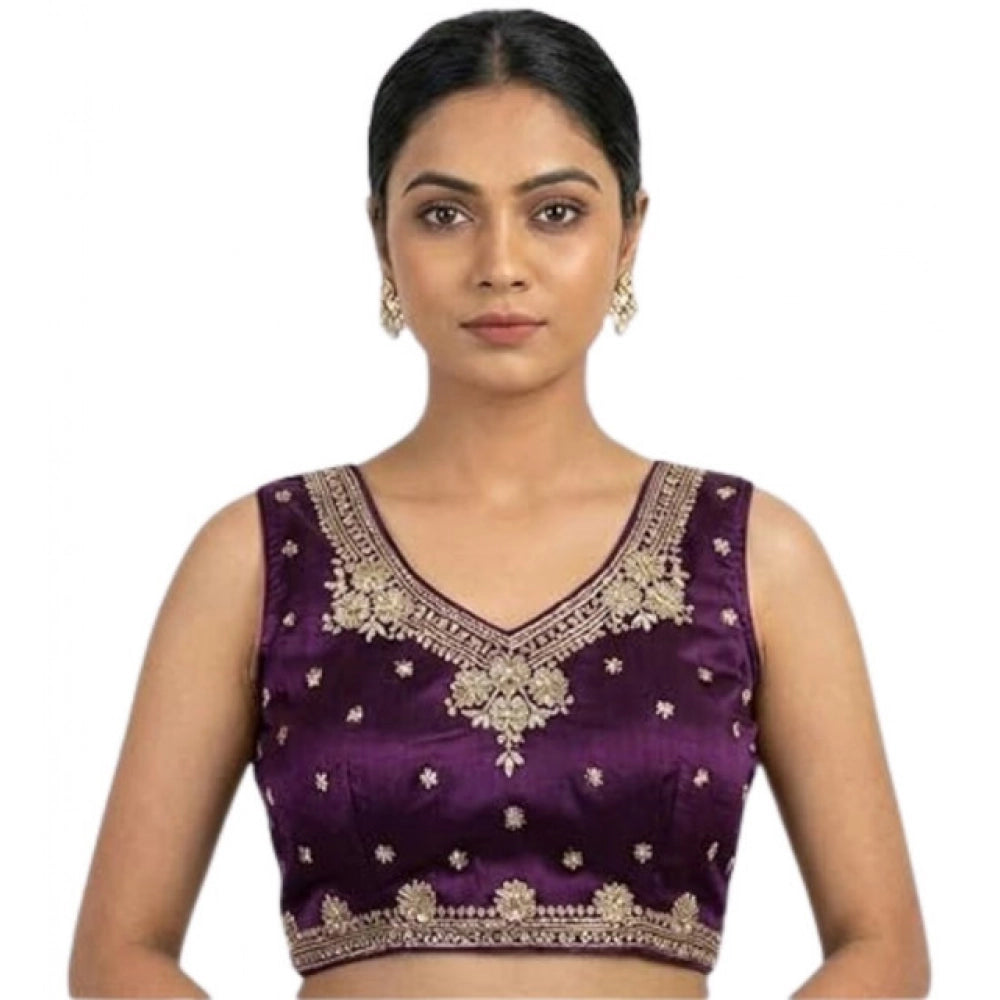 Women's Silk Embroidered V-Neck Sleeveless Readymade Padded Blouse (Wine, Size 38)