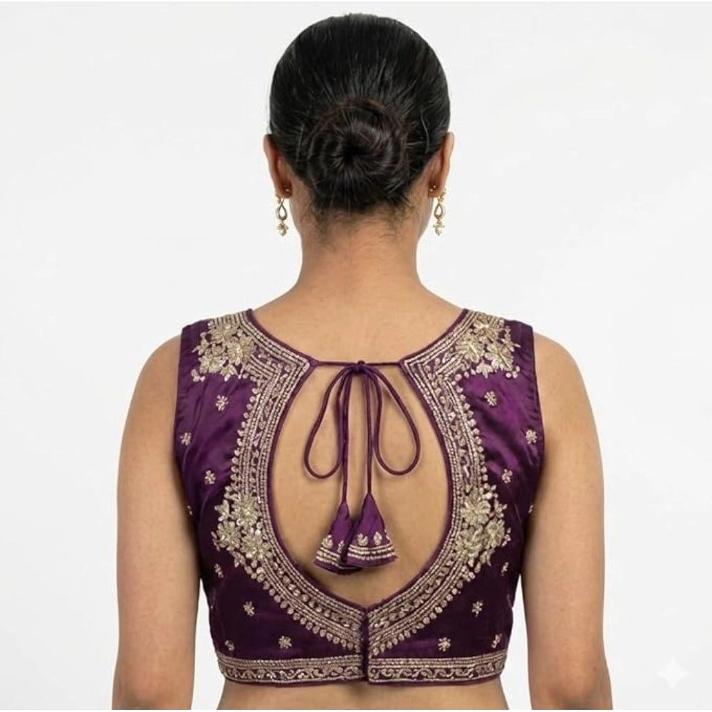 Women's Silk Embroidered V-Neck Sleeveless Readymade Padded Blouse (Wine, Size 38)