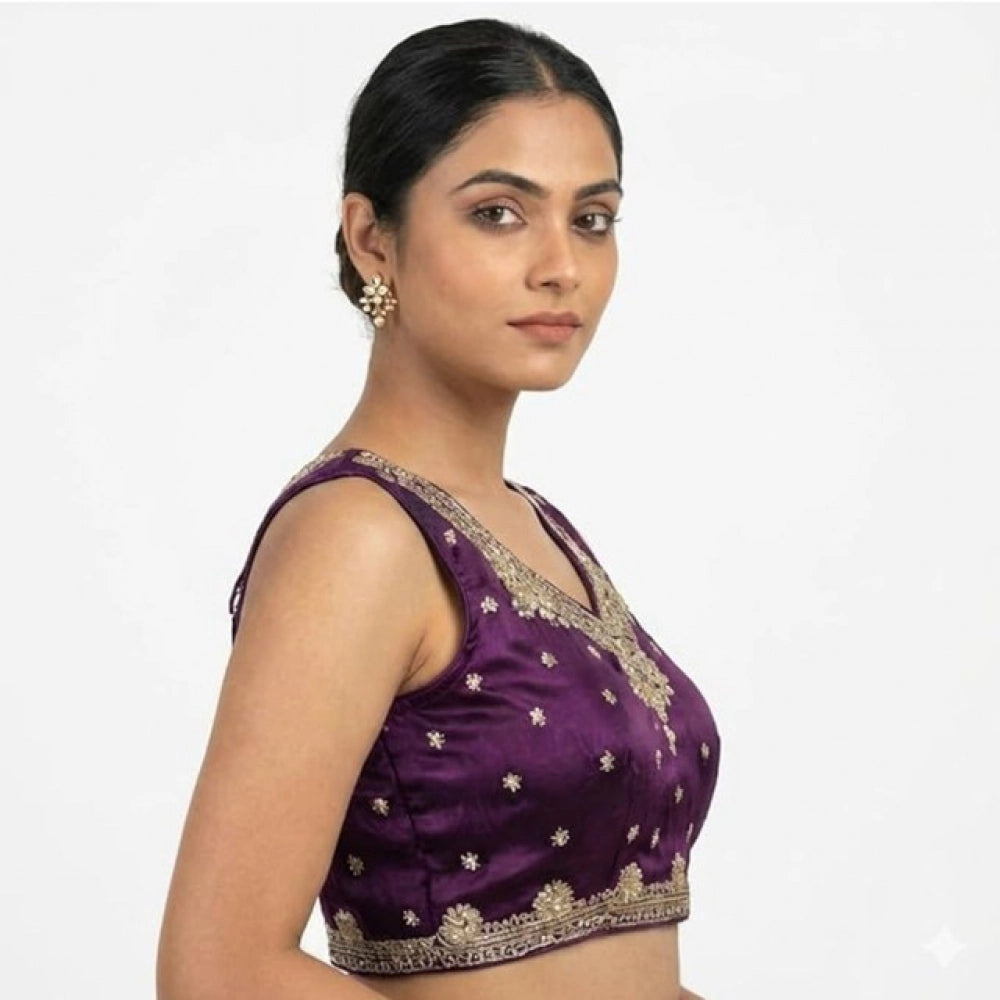 Women's Silk Embroidered V-Neck Sleeveless Readymade Padded Blouse (Wine, Size 38)