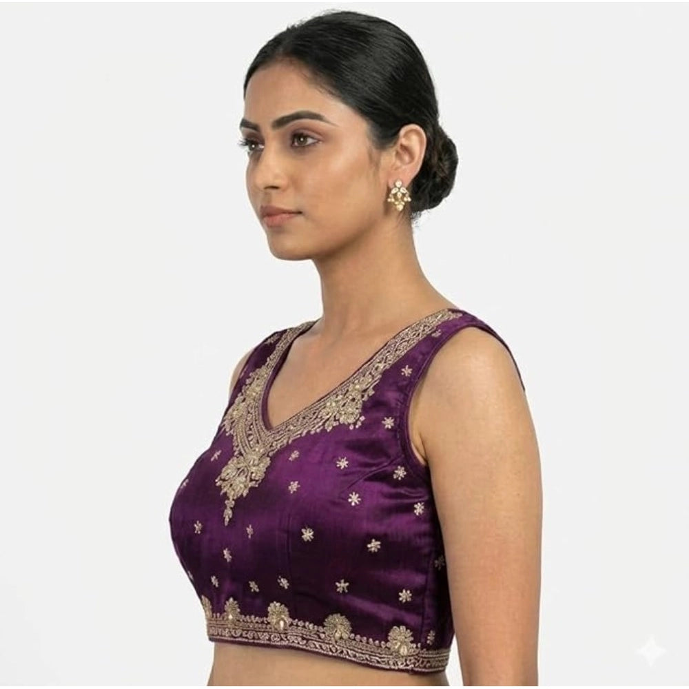 Women's Silk Embroidered V-Neck Sleeveless Readymade Padded Blouse (Wine, Size 38)