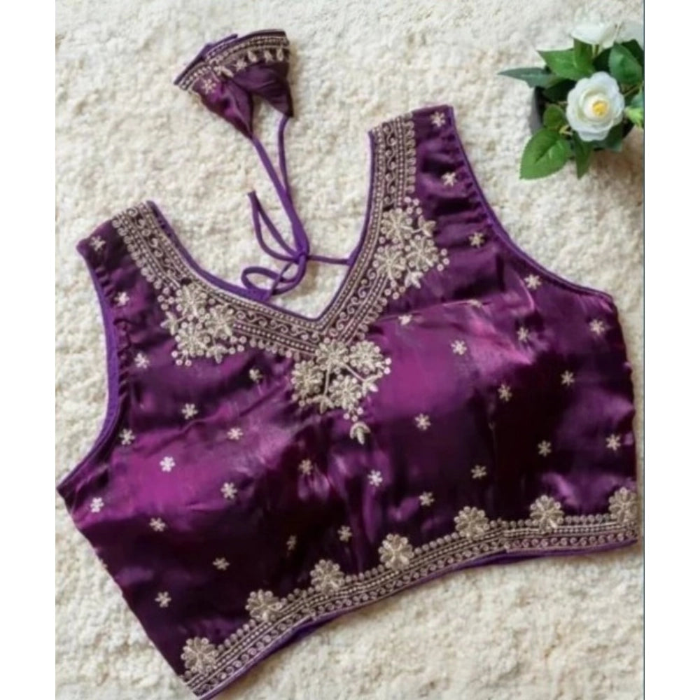 Women's Silk Embroidered V-Neck Sleeveless Readymade Padded Blouse (Wine, Size 38)
