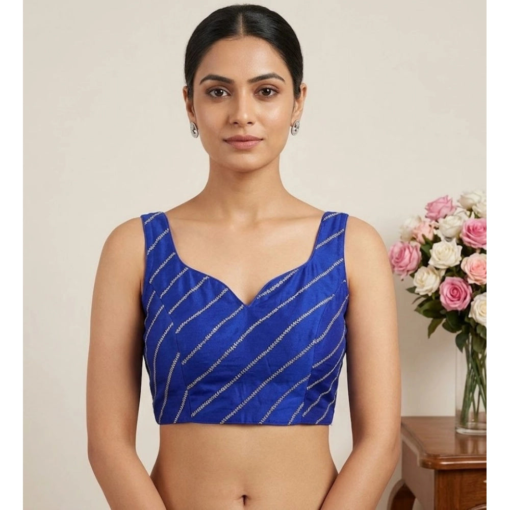 Women's Silk Embellished Sweetheart Neck Sleeveless Readymade Padded Blouse (Blue, Size 38)