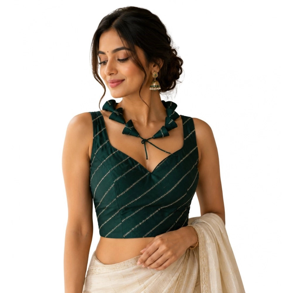 Women's Silk Embellished Sweetheart Neck Sleeveless Readymade Padded Blouse (Green, Size 38)