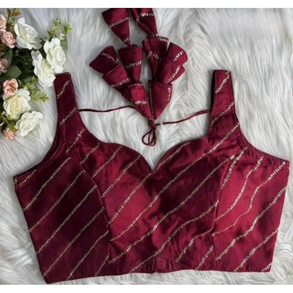Women's Silk Embellished Sweetheart Neck Sleeveless Readymade Padded Blouse (Maroon, Size 38)