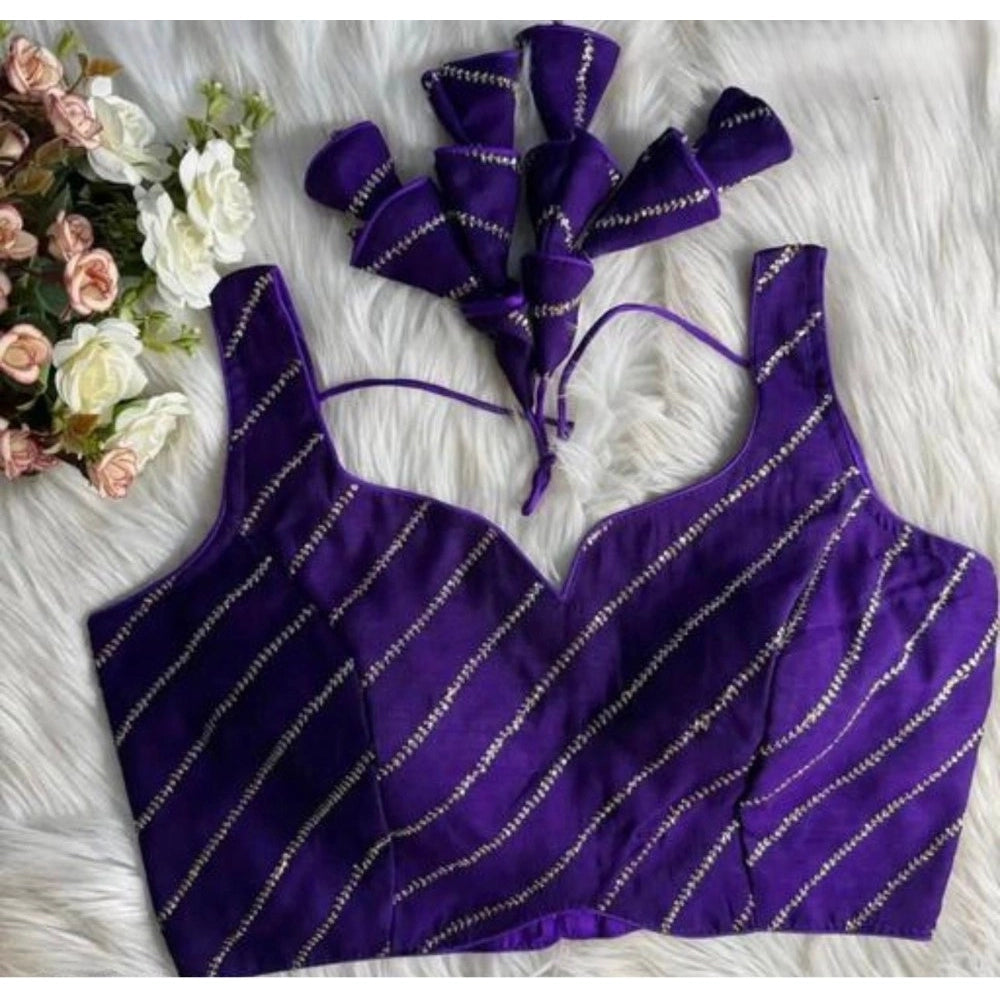Women's Silk Embellished Sweetheart Neck Sleeveless Readymade Padded Blouse (Purple, Size 38)
