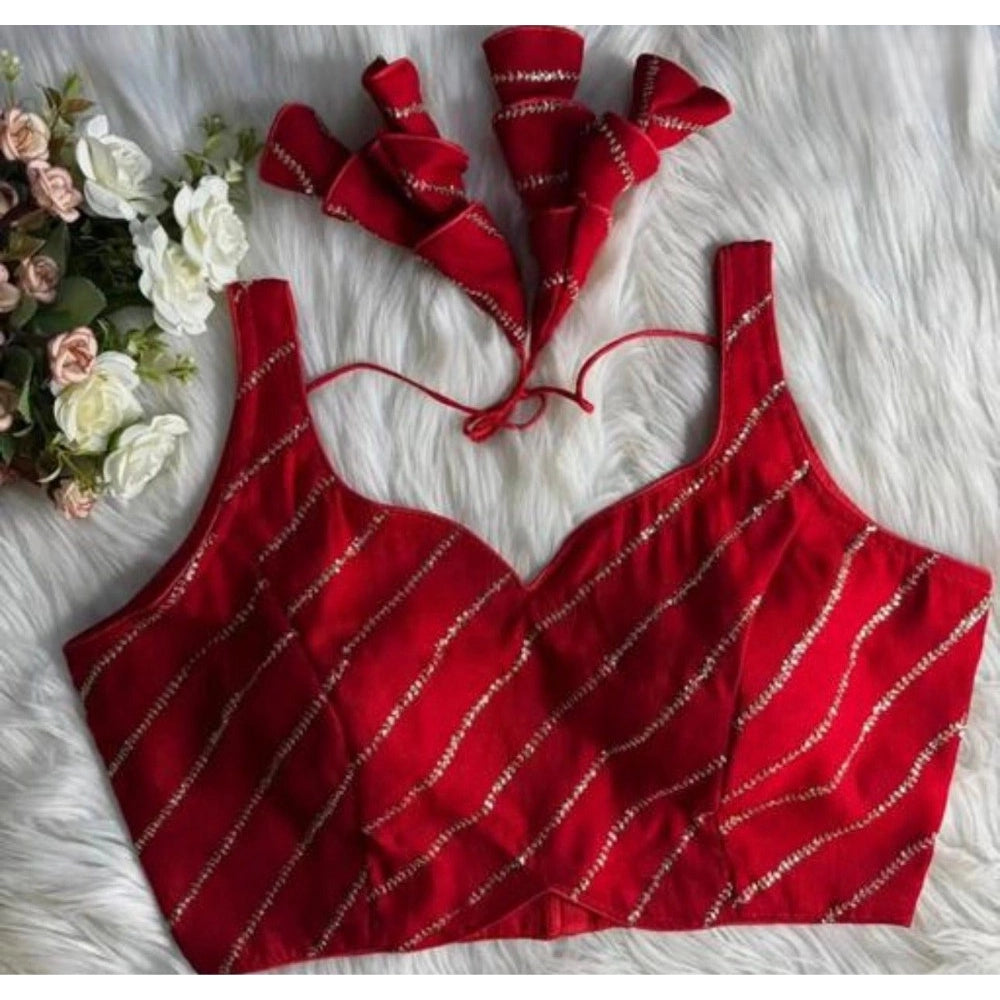 Women's Silk Embellished Sweetheart Neck Sleeveless Readymade Padded Blouse (Red, Size 38)