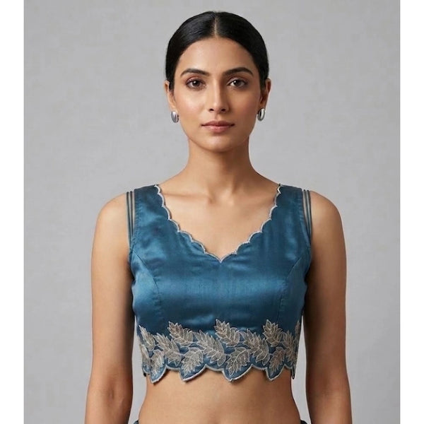 Women's Silk Embroidered Sweetheart Neck Sleeveless Readymade Padded Blouse (Blue, Size 38)