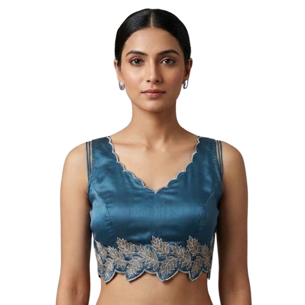 Women's Silk Embroidered Sweetheart Neck Sleeveless Readymade Padded Blouse (Blue, Size 38)